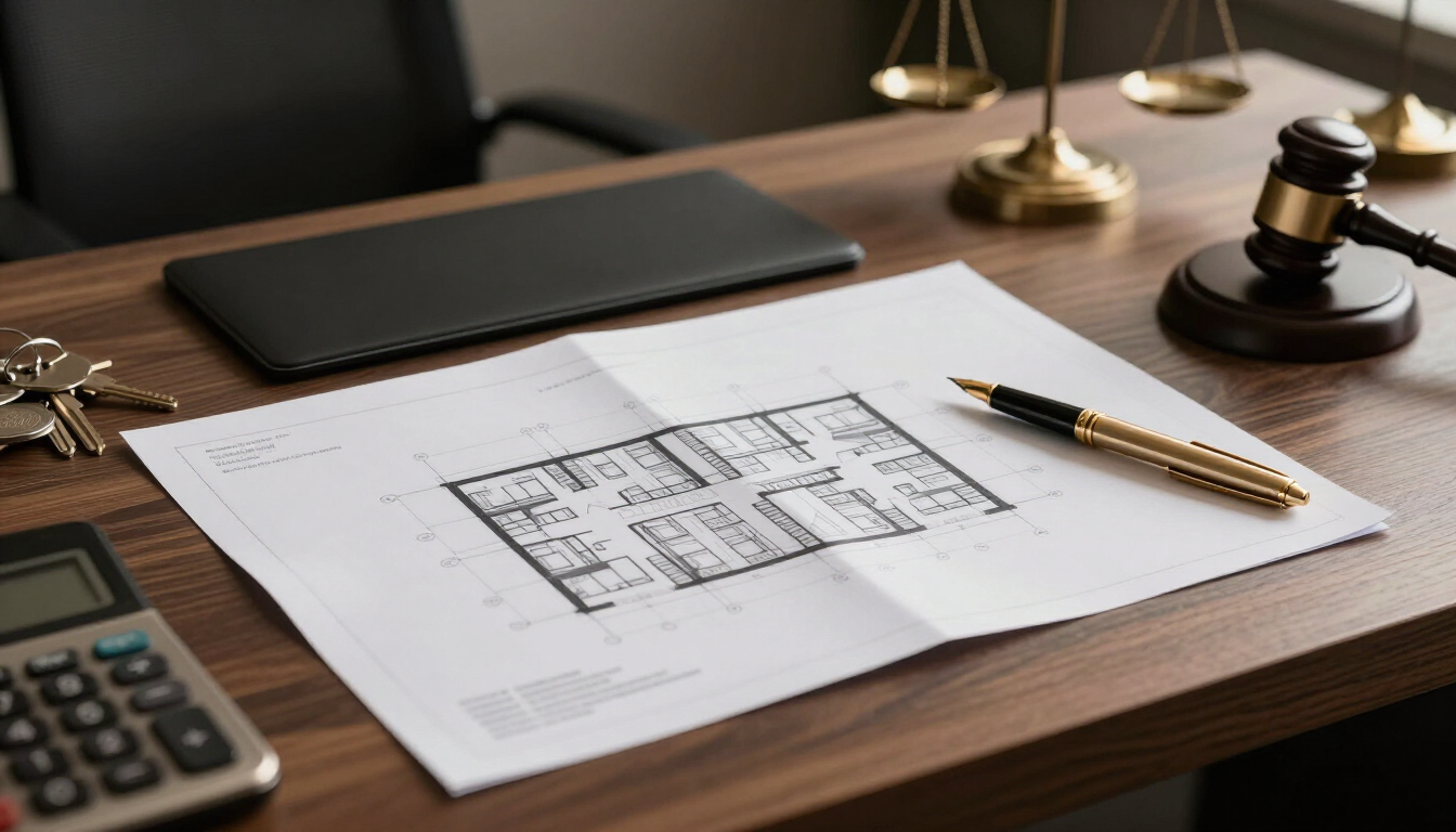 Direito Tributário Imobiliário: mesa de trabalho com planta arquitetônica, chaves de imóvel, caneta dourada e documentos sem texto legível