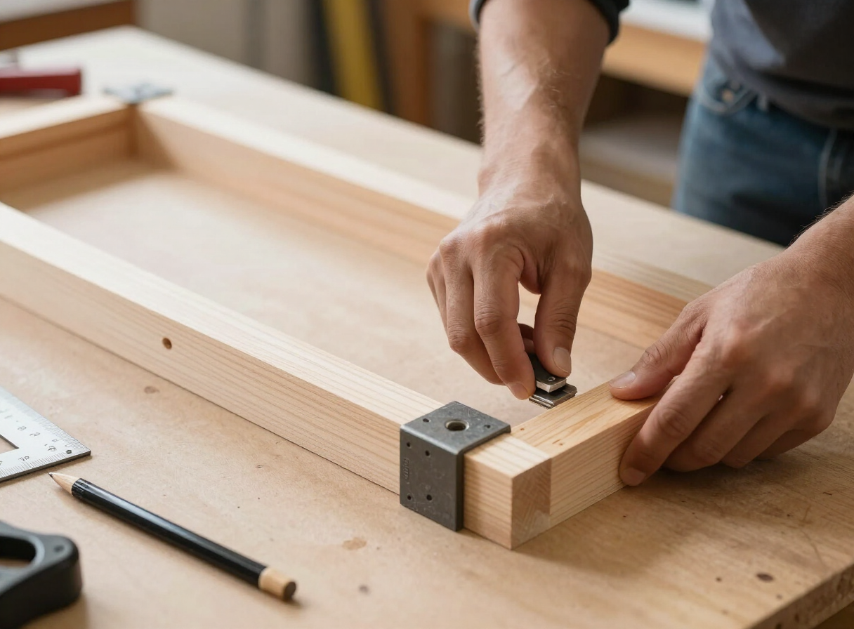 Close-up of a woodworker assembling the rectangular timber base frame of a DIY workbench on a workshop floor, clamps holding the frame square, a combination square and pencil nearby