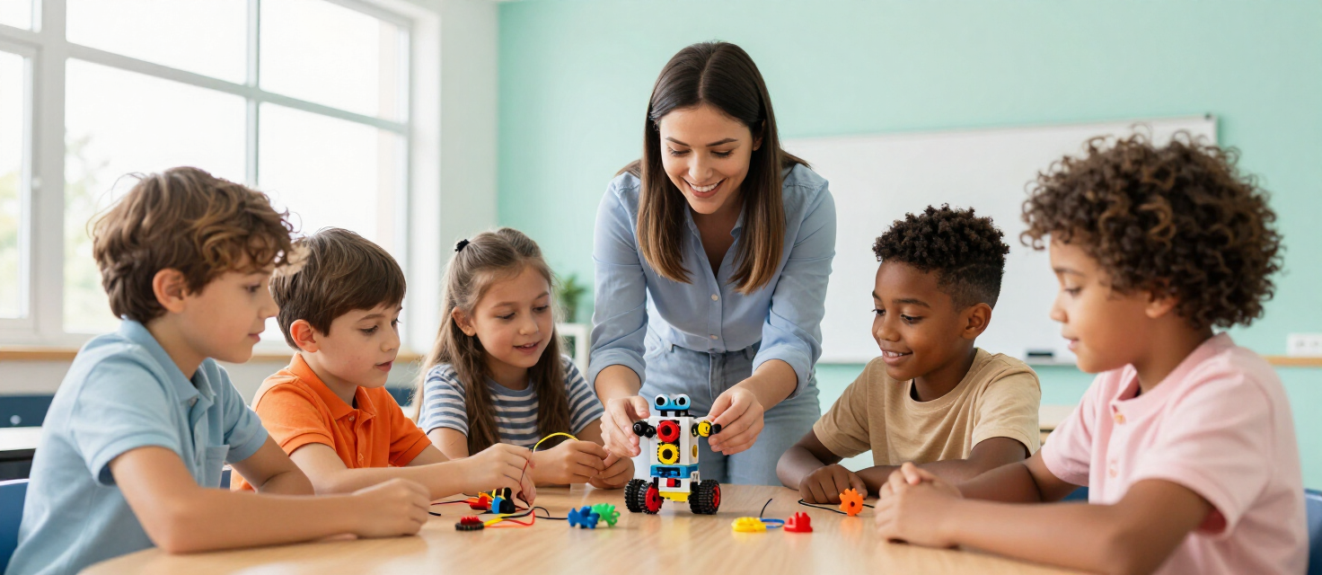 Children collaborating around a table building a small robot in a bright classroom