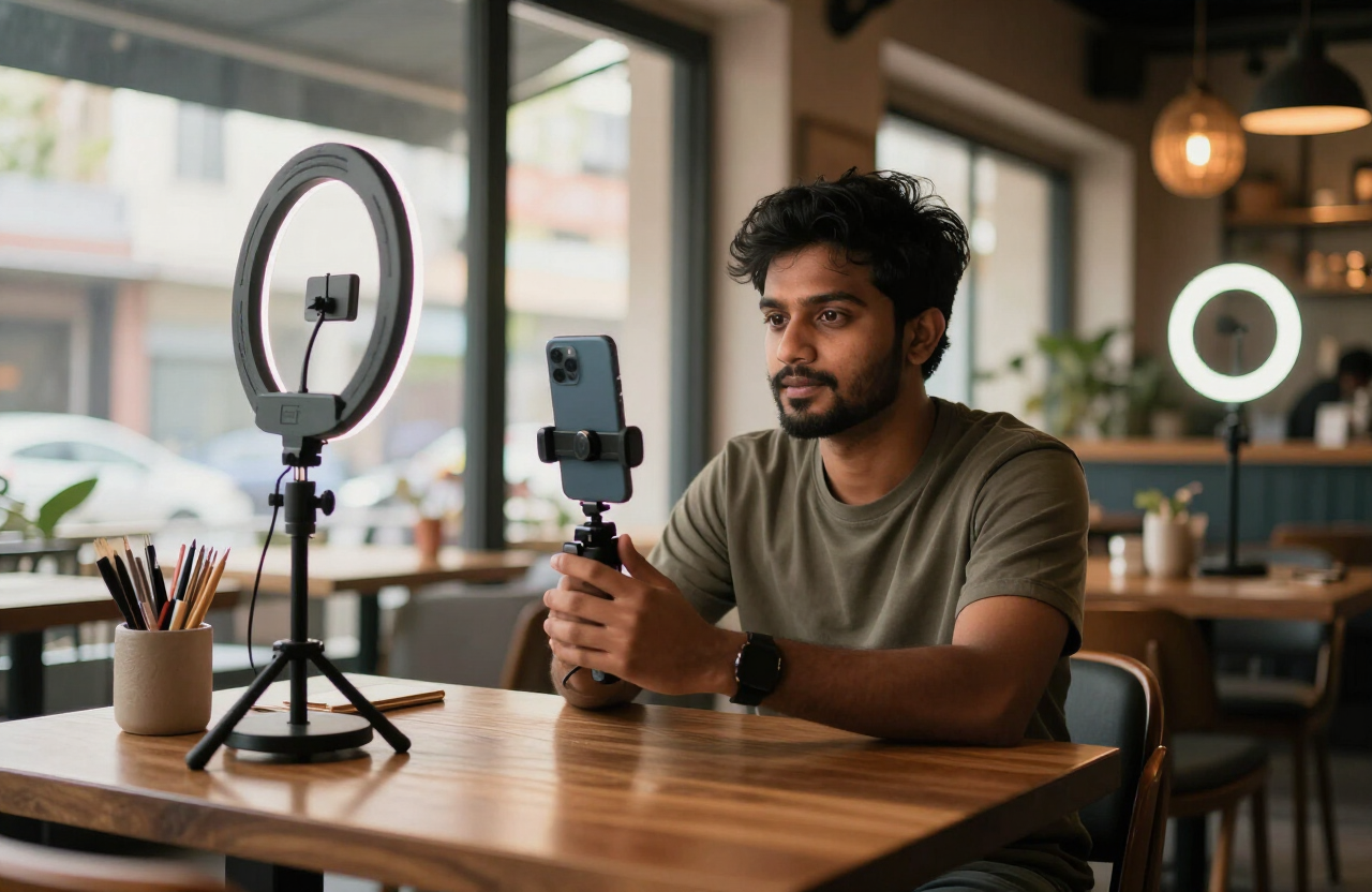 A BOMB Media content creator filming a vertical video in a Mumbai cafe