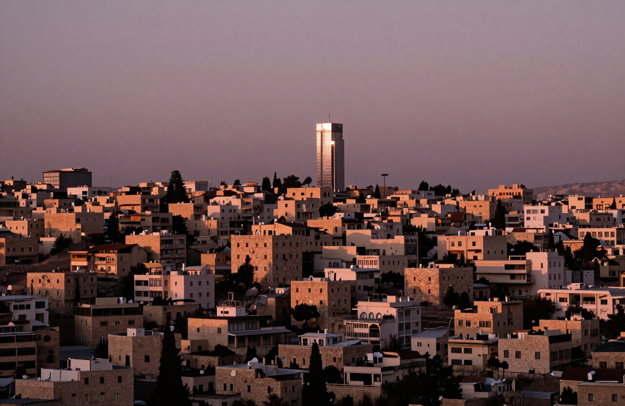 The Amman skyline at dusk, limestone hills glowing warm copper