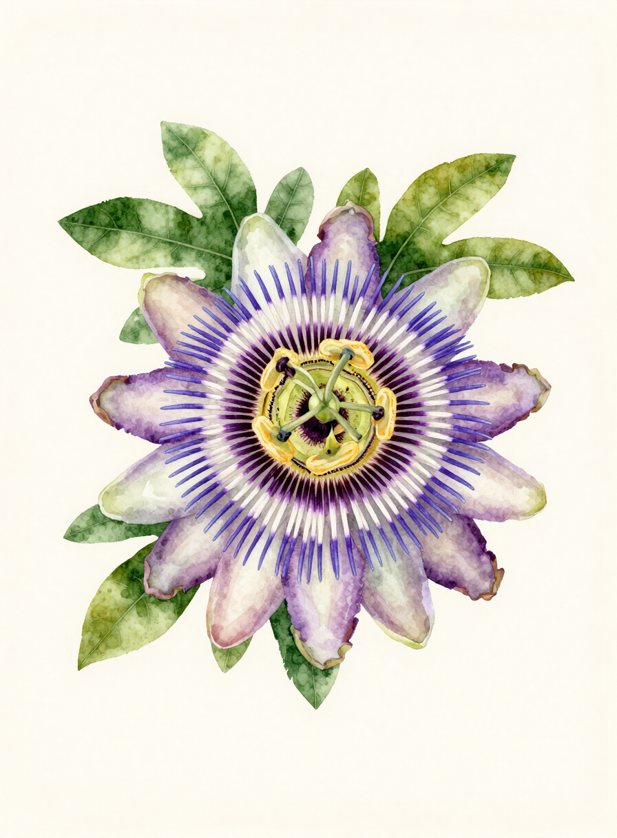 Watercolor painting of a violet Passionflower