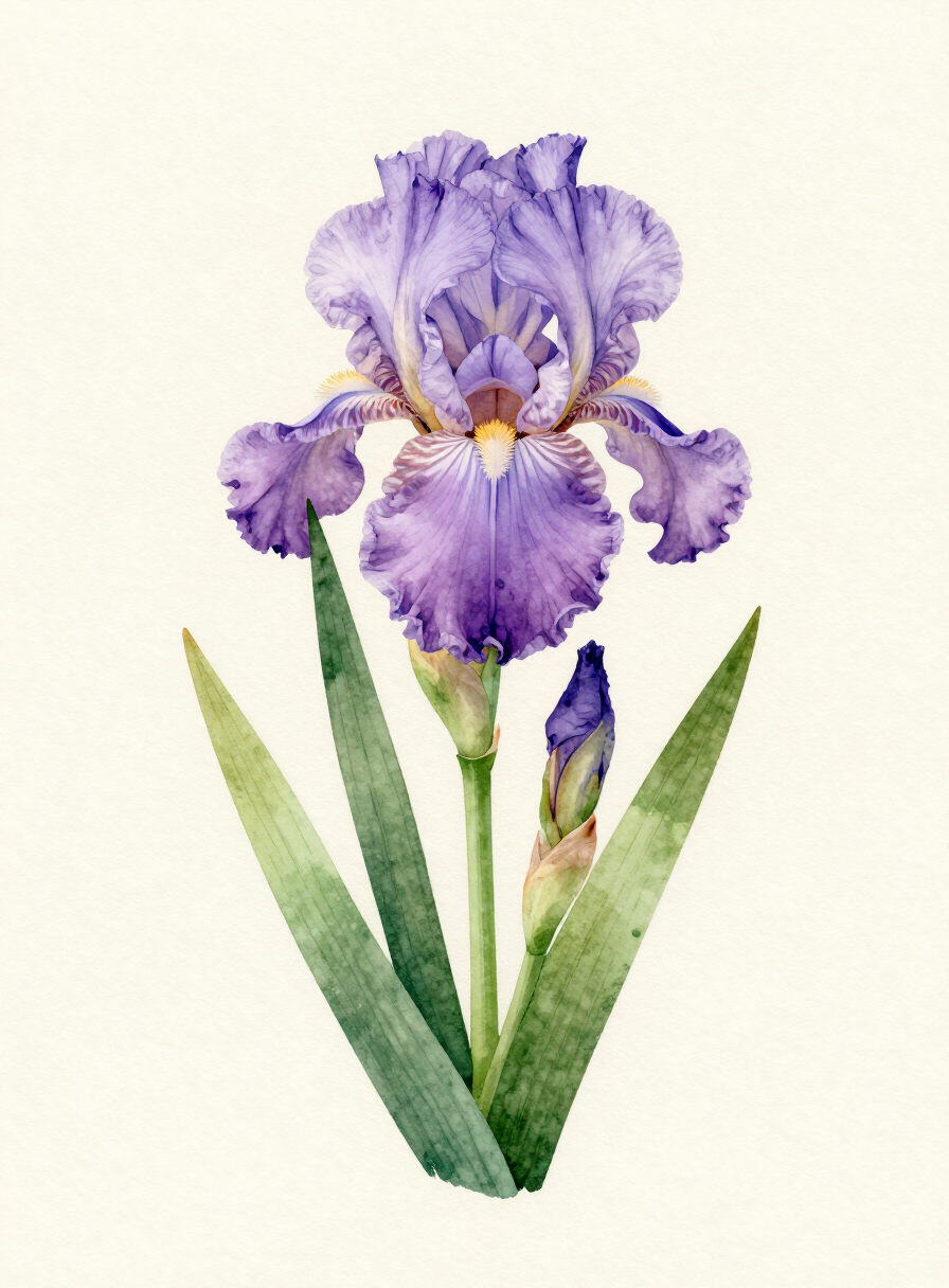Watercolor painting of a lavender Iris
