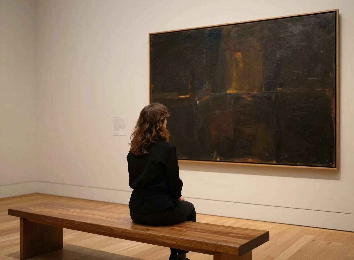 A woman on a bench leaning toward a huge dark abstract painting