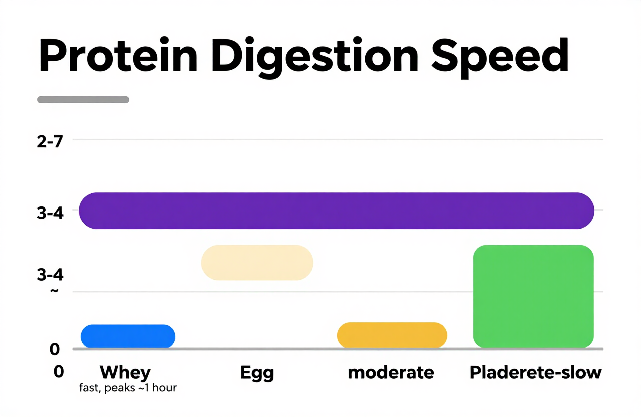 Bar graph comparing protein digestion speed of whey, casein, egg, and plant protein over a 7-hour timeline