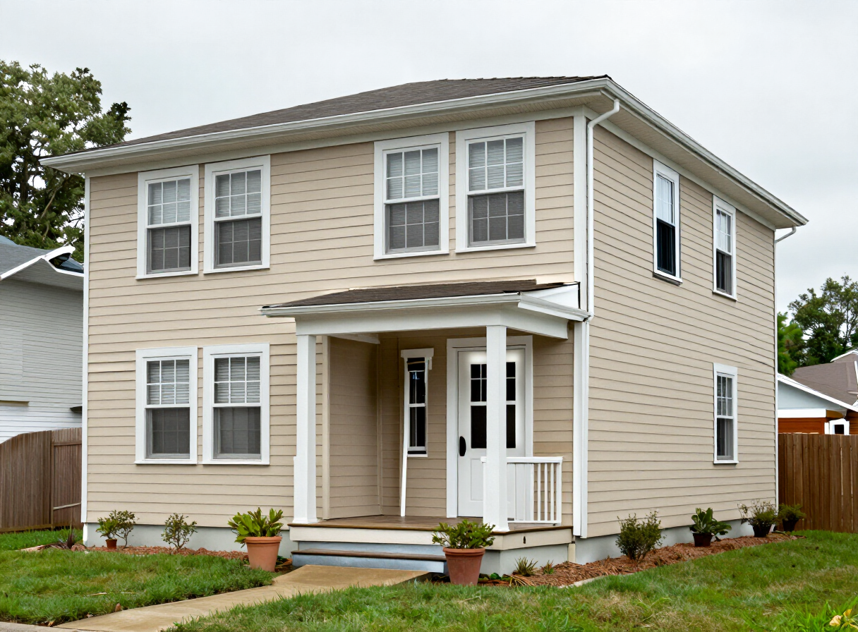 Beige duplex with a completed exterior paint job