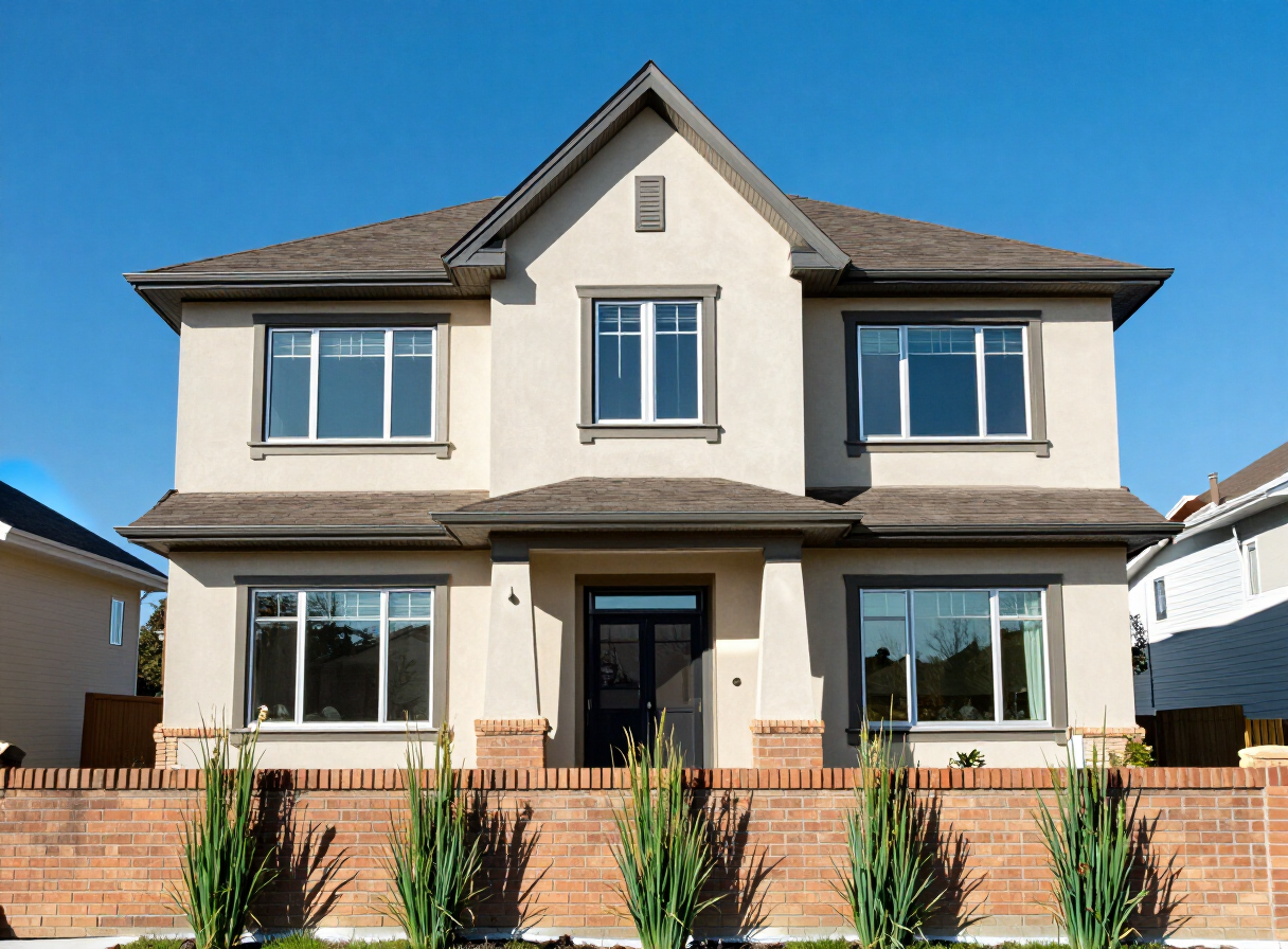 Modern beige house with a freshly painted exterior
