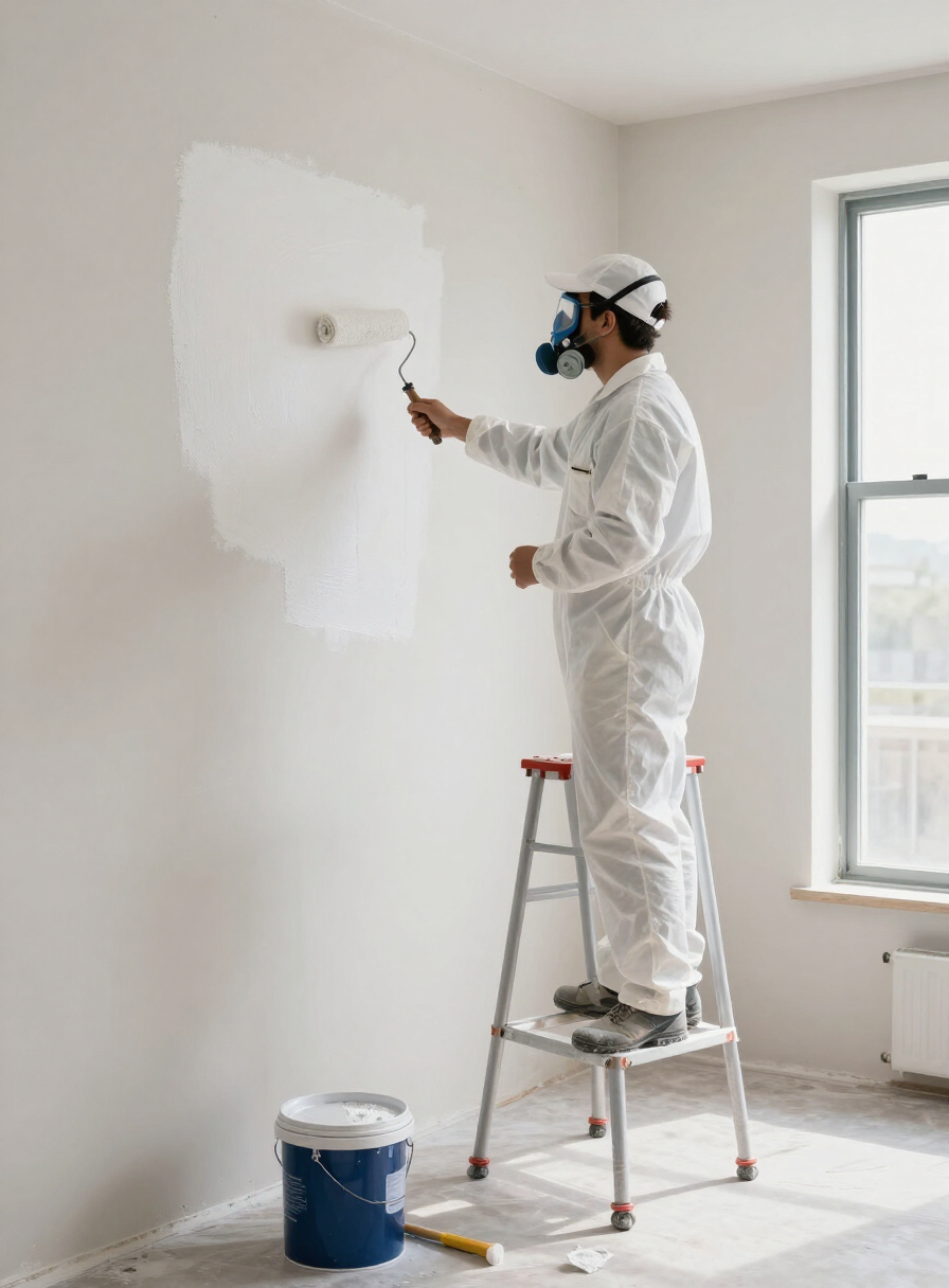 Painter on stilts rolling an interior wall