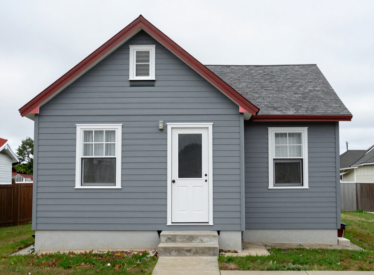 Small gray house with red trim after painting