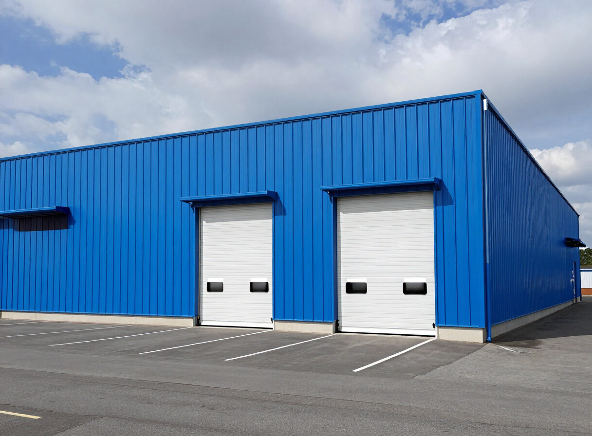 Bright blue warehouse after commercial painting