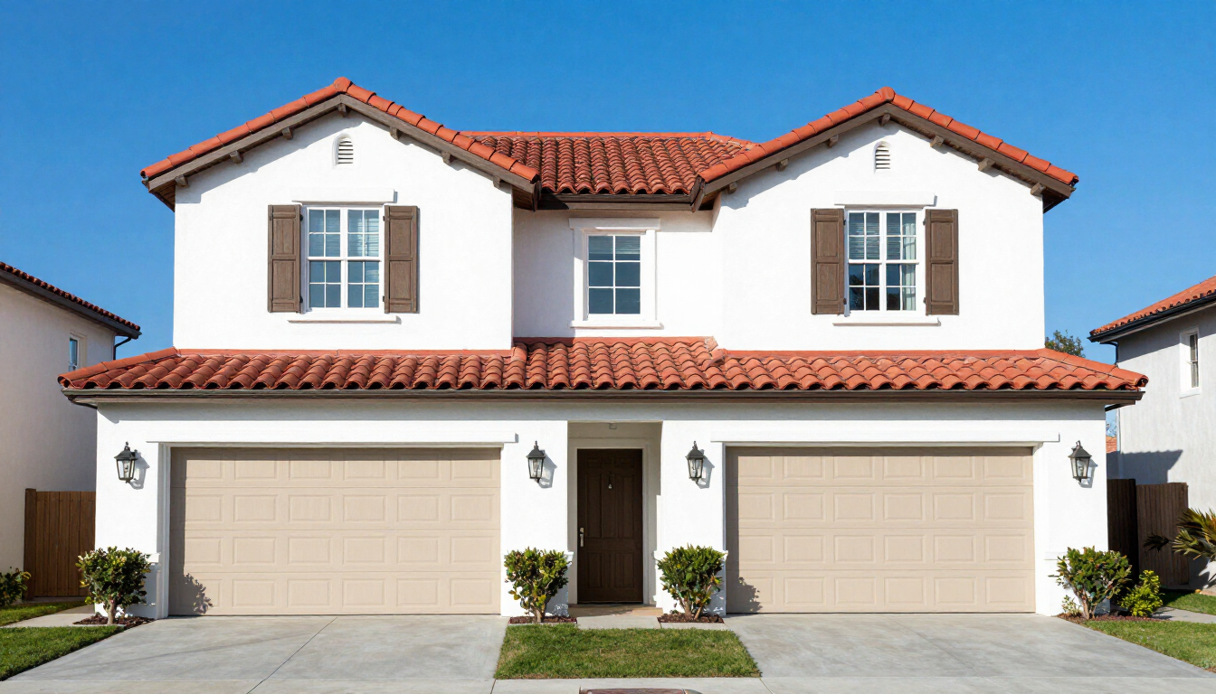 White suburban house with a red tile roof and brown shutters