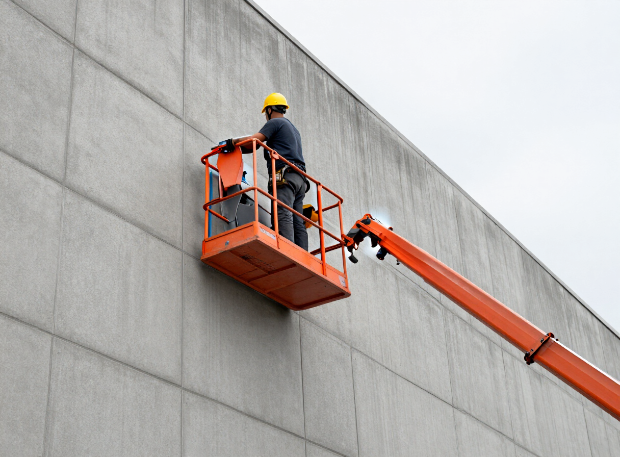 Painter in an aerial lift coating a commercial wall