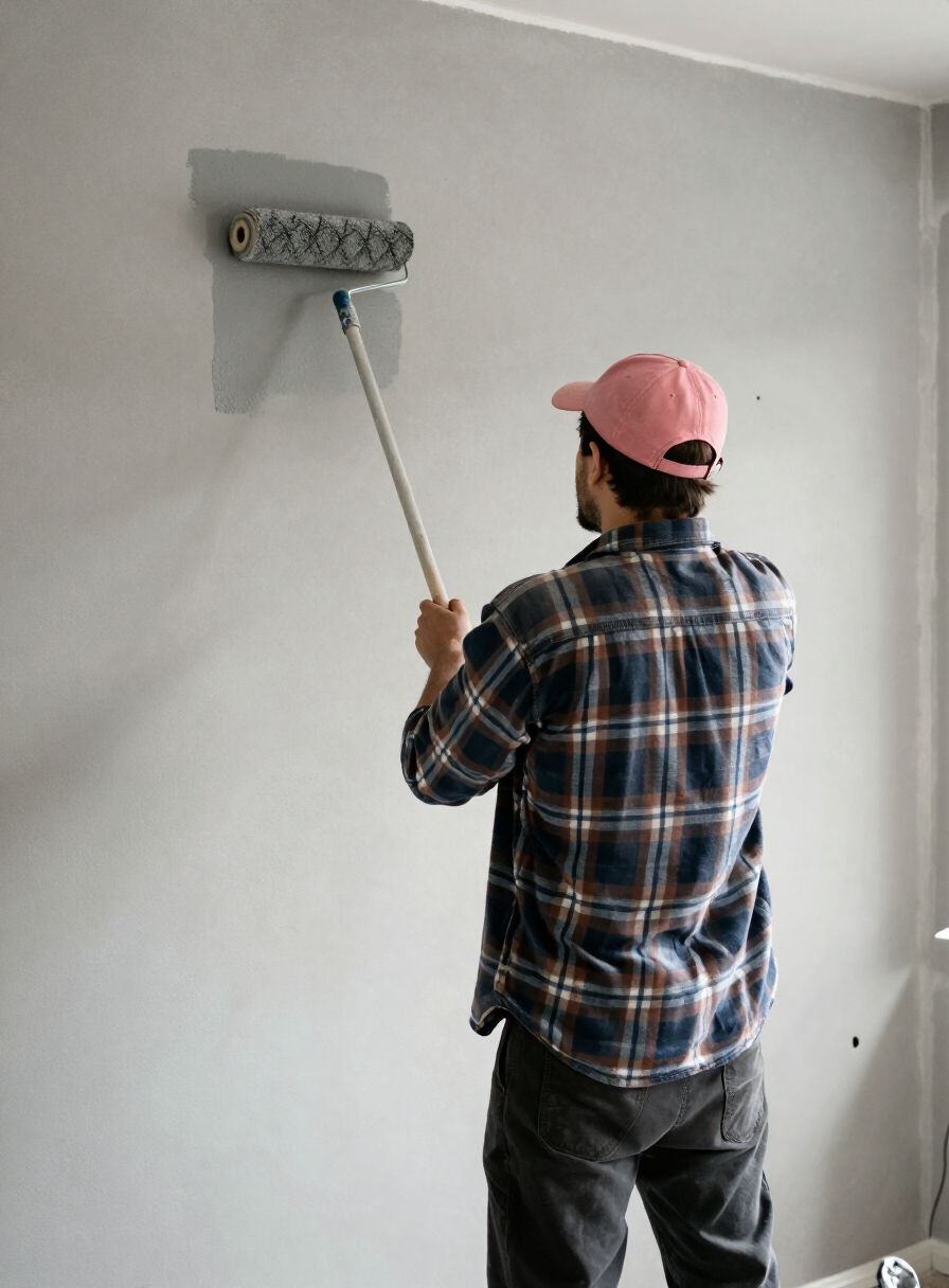Painter rolling gray paint onto an interior wall