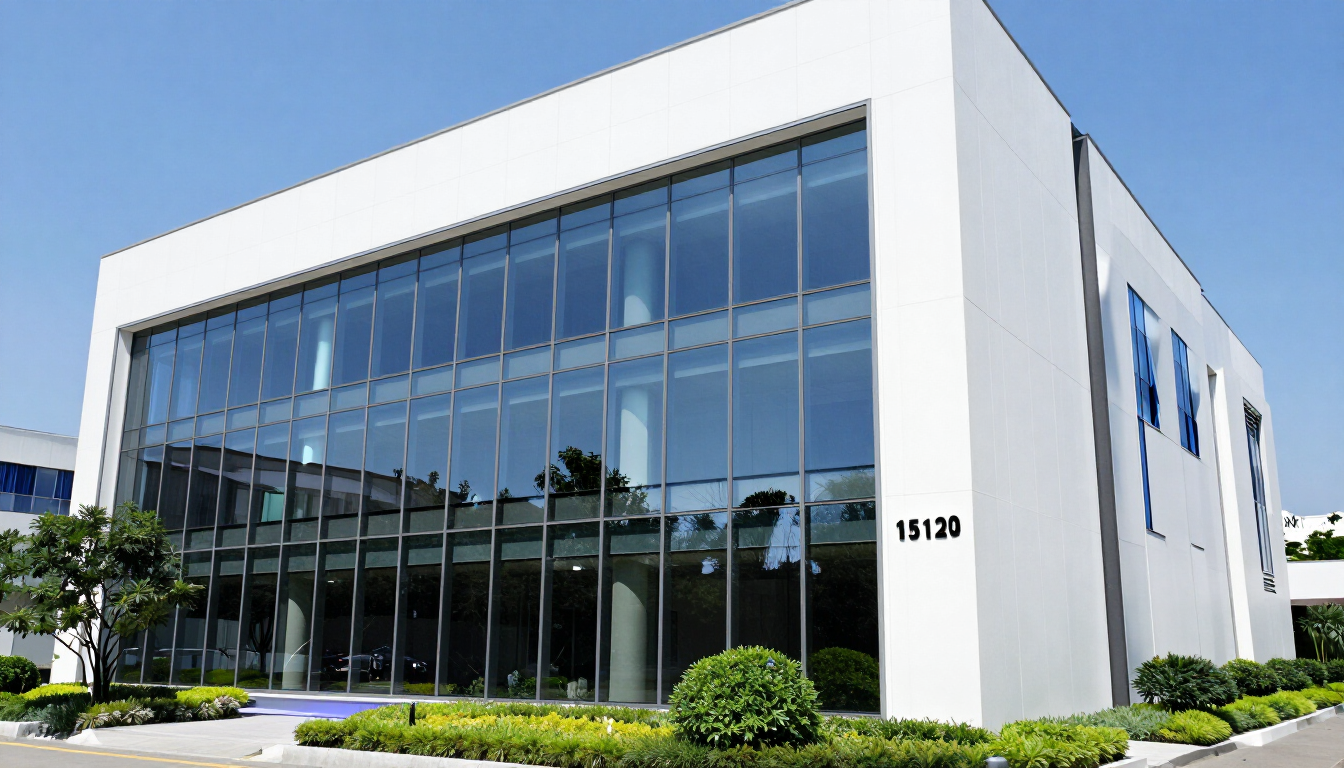 Glass office building with a freshly maintained exterior