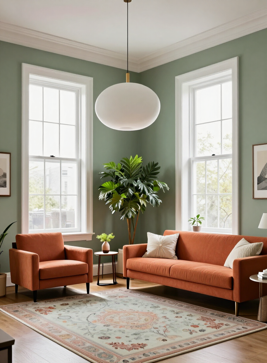 Finished living room with sage walls and a coral sofa
