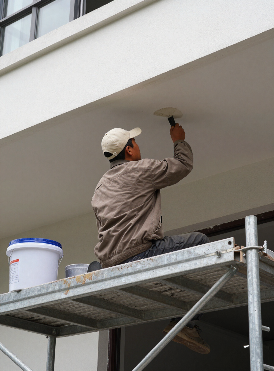 Painter working from scaffolding under a building overhang