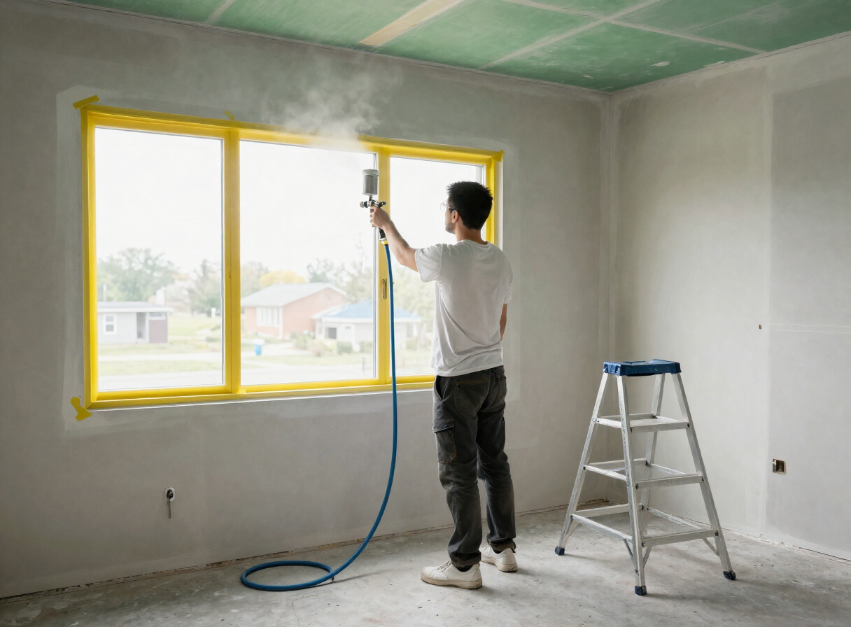 Painter spraying primer across drywall beside a taped window
