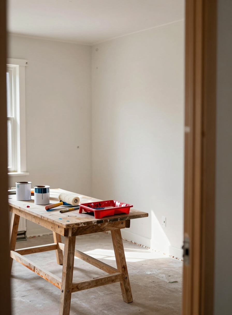 Paint cans, rollers, and brushes on a work table in an empty room