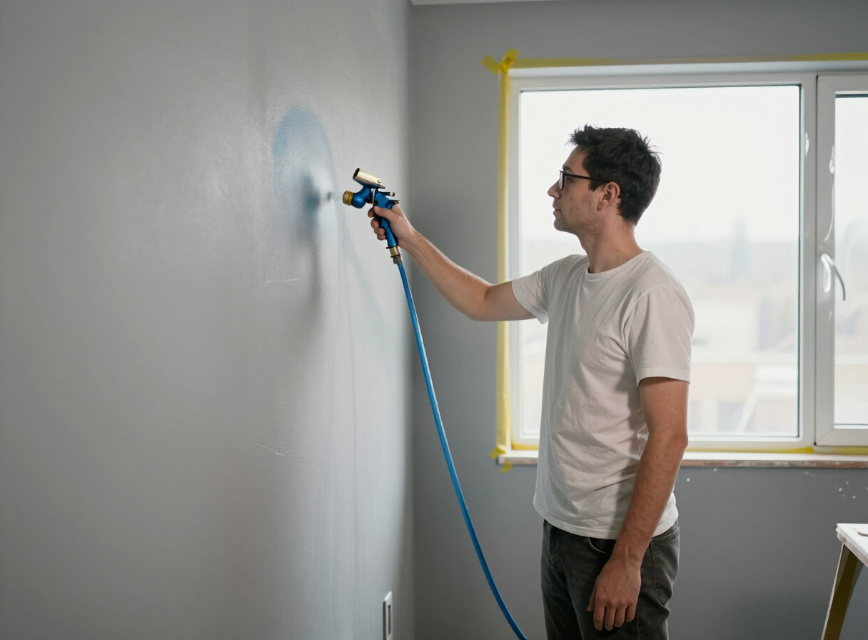 Painter spray-finishing an interior wall beside a taped window