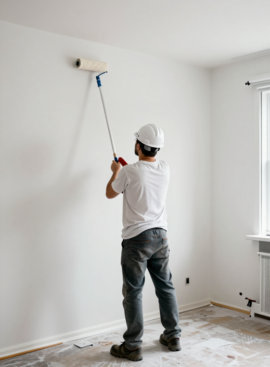 Professional painter using an extended roller