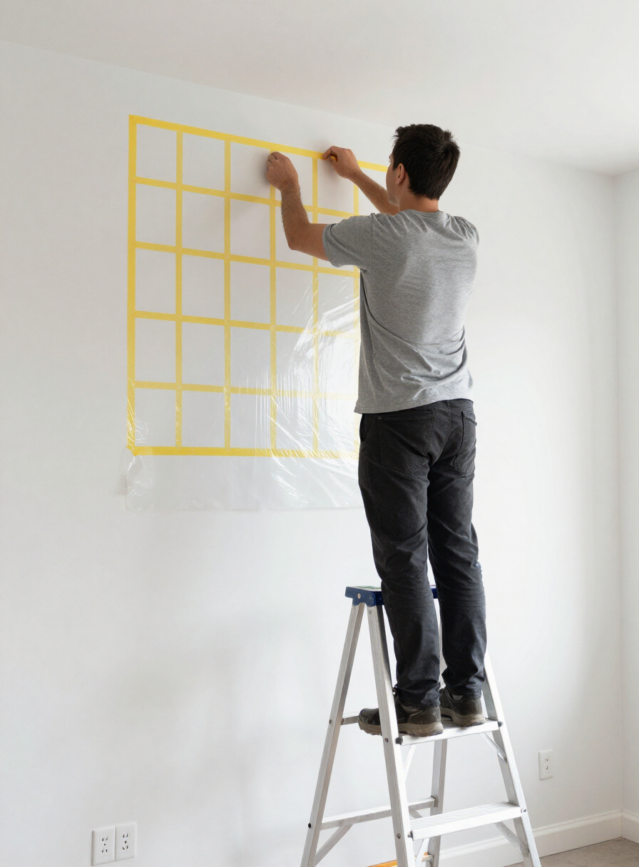 Painter on a stepladder taping plastic sheeting to a wall