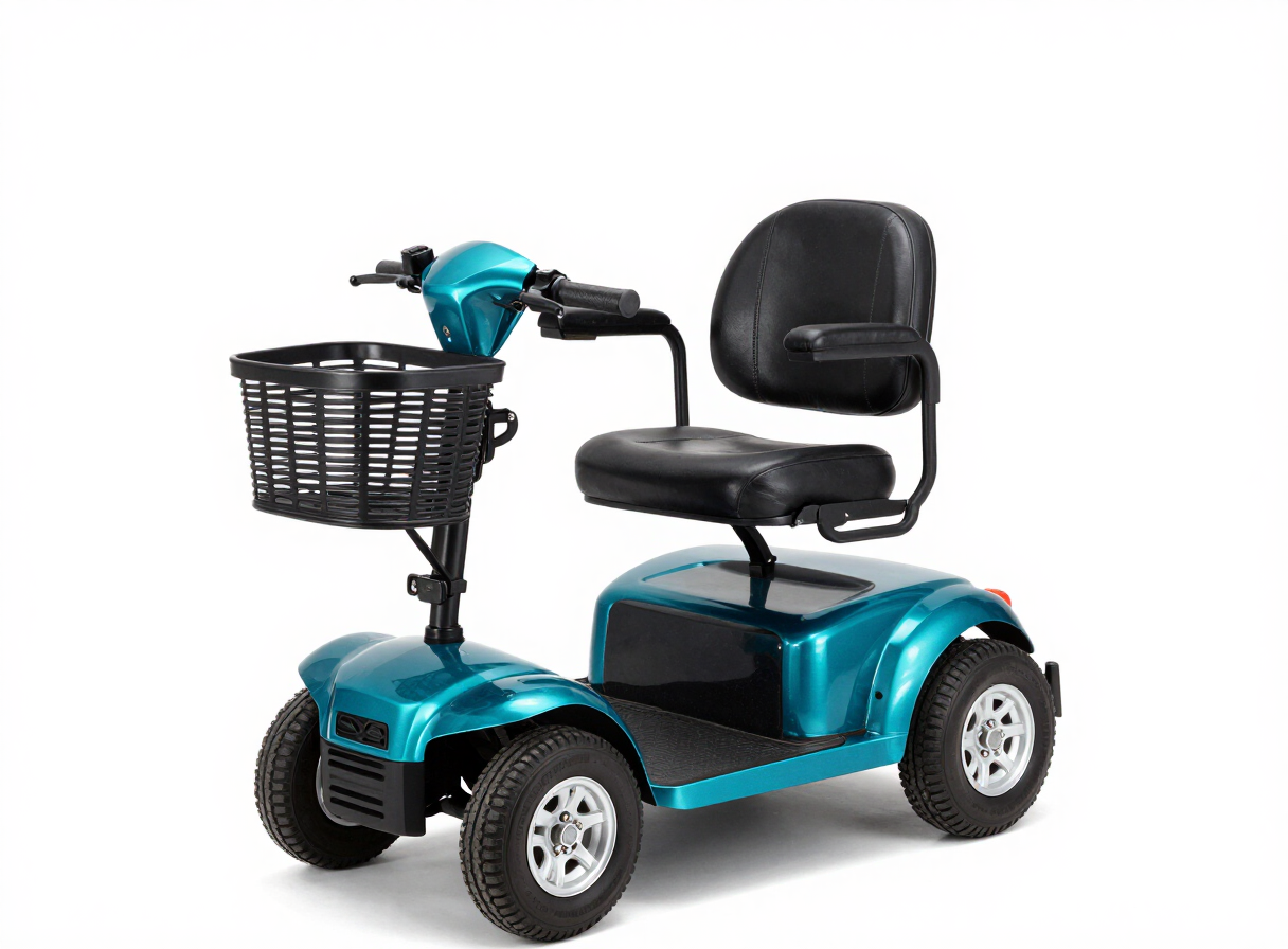 Empty teal three-wheel mobility scooter with one front wheel and two rear wheels
