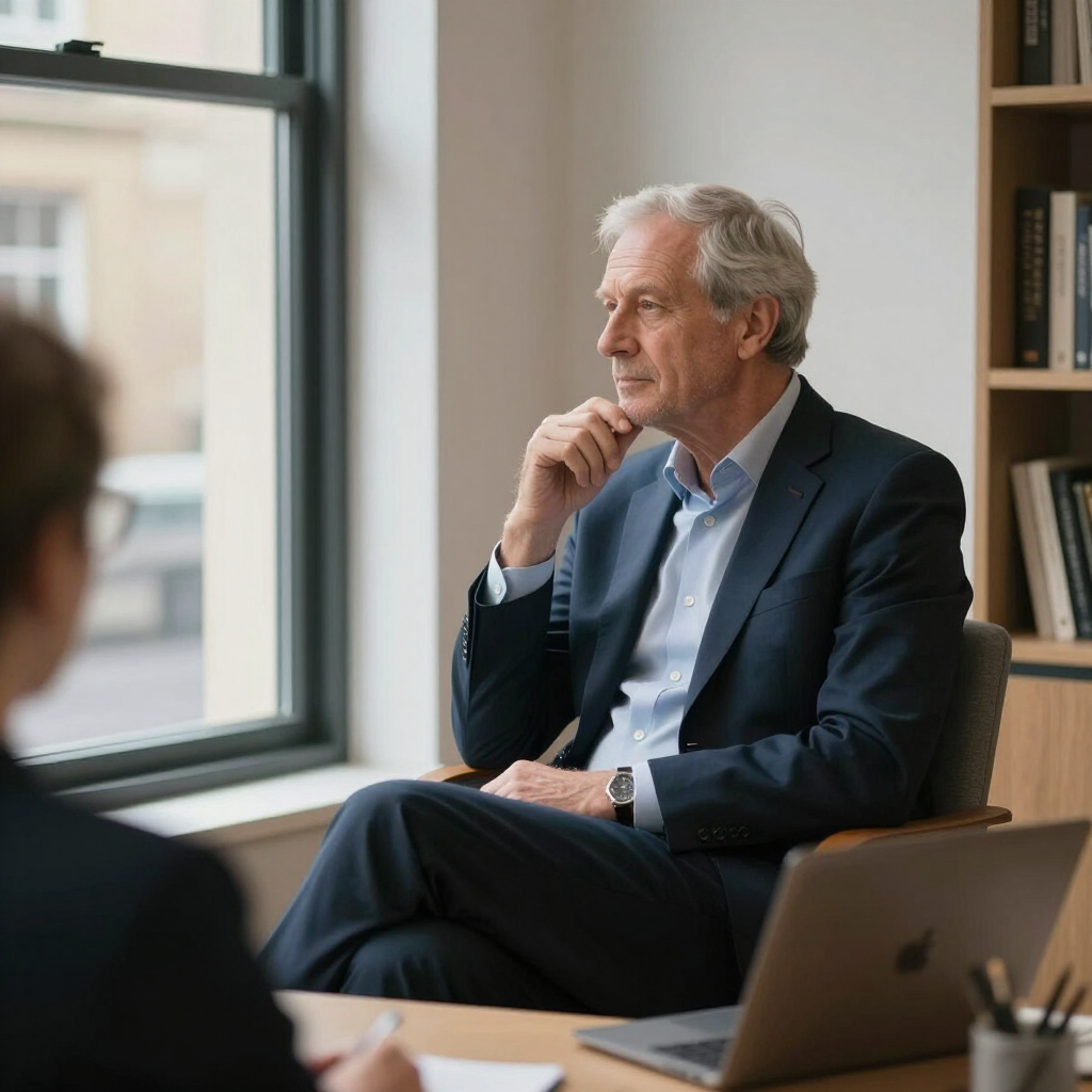 A senior executive in a quiet office, reflecting during a coaching session
