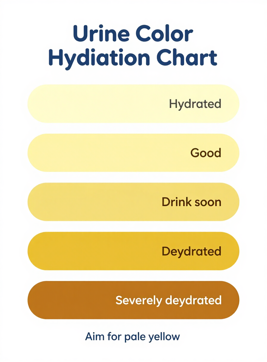 Urine color hydration chart showing five color swatches from pale yellow (hydrated) to dark amber (severely dehydrated), with the caption aim for pale yellow