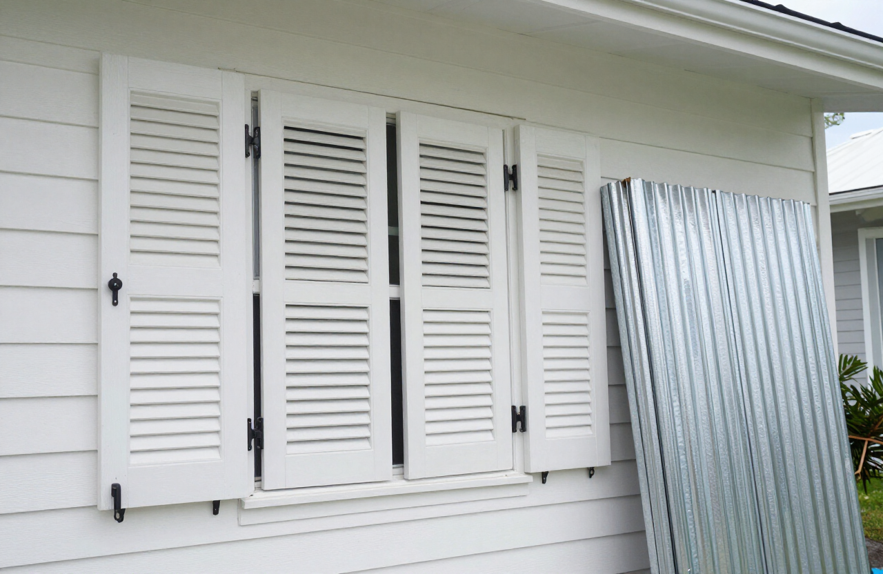 Accordion hurricane shutters and aluminum storm panels on a Nassau, Bahamas home