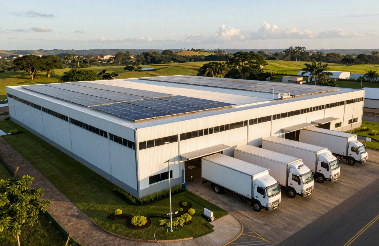 Centro de Distribuição da Social Pet em Jacutinga, com painéis solares e caminhões de entrega