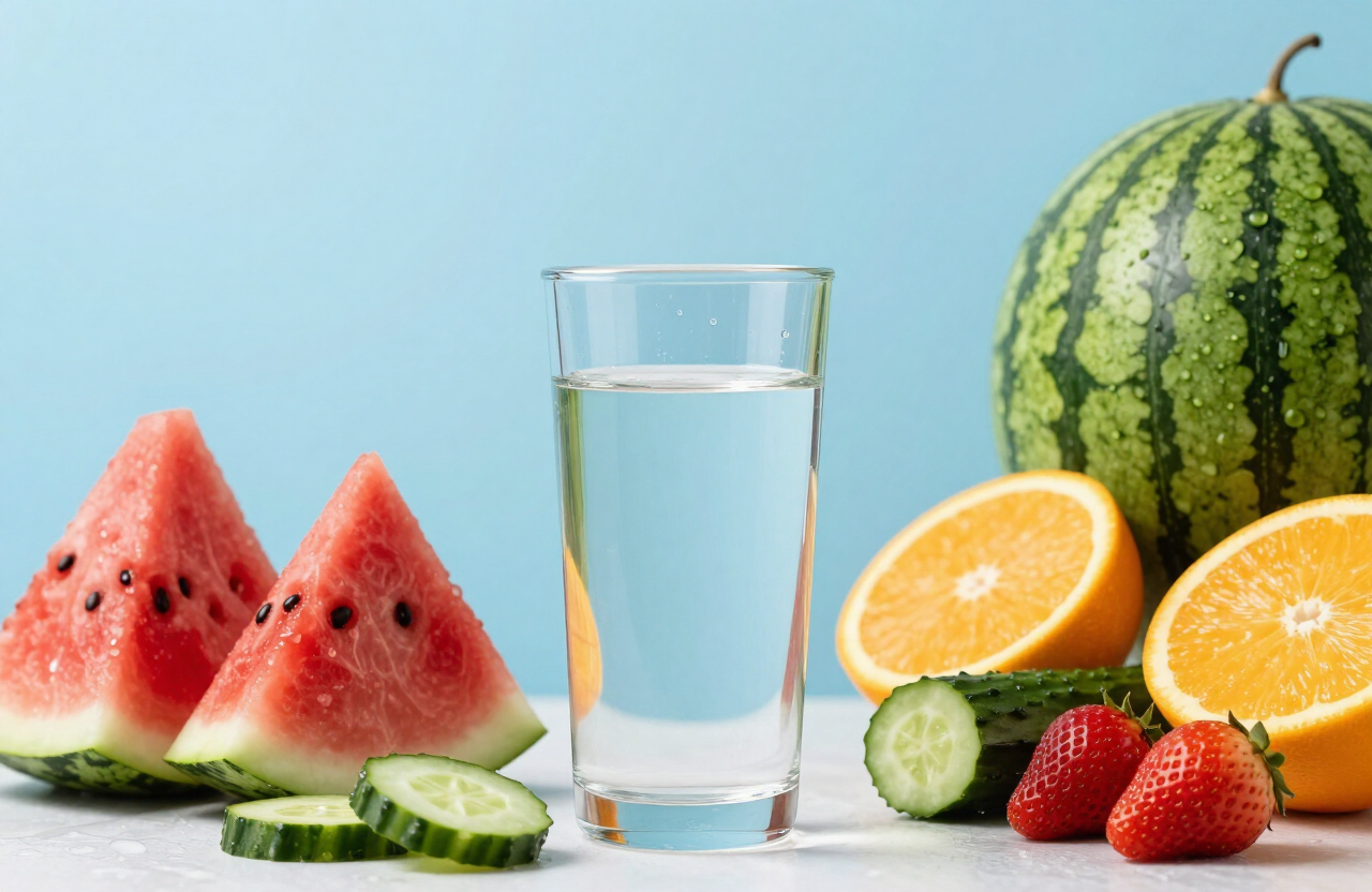 A glass of water surrounded by hydrating fruits and vegetables like watermelon, cucumber, oranges and strawberries