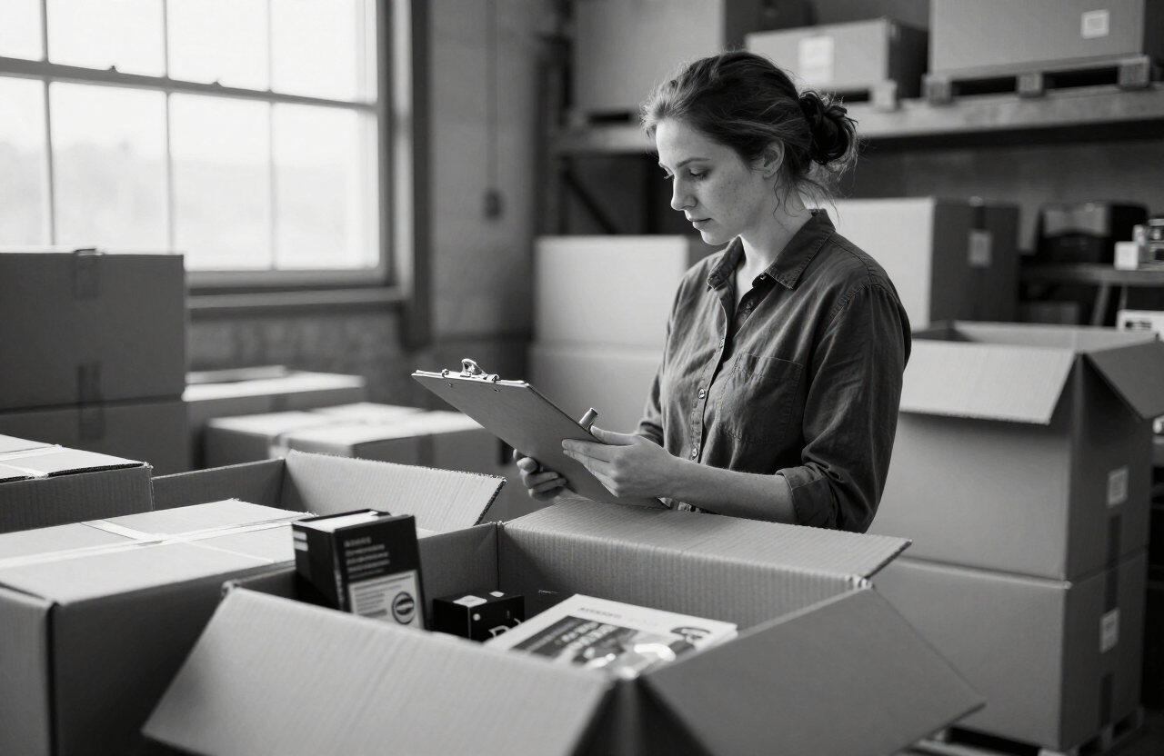 Surplus Village owner inspecting boxes of merchandise in the warehouse