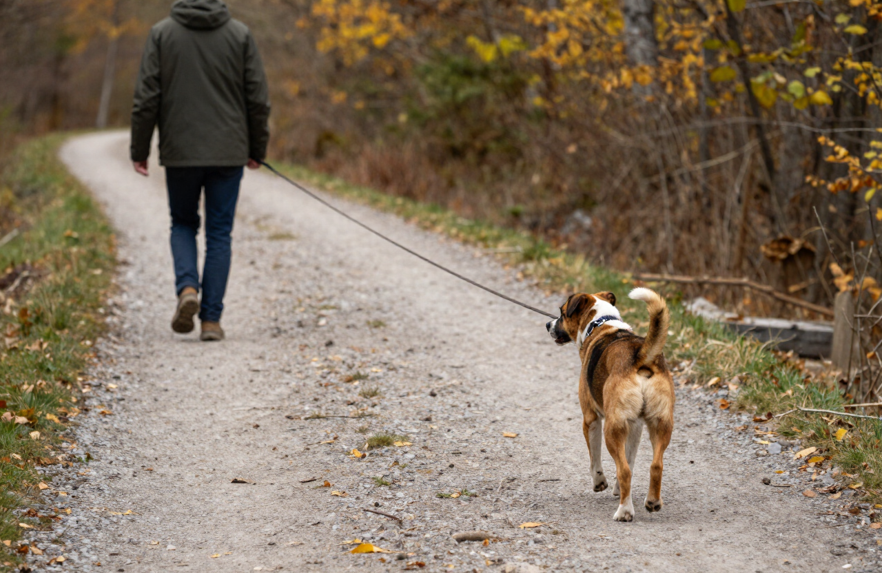 Un humain promène son chien en longue laisse détendue dans un sous-bois de Savoie