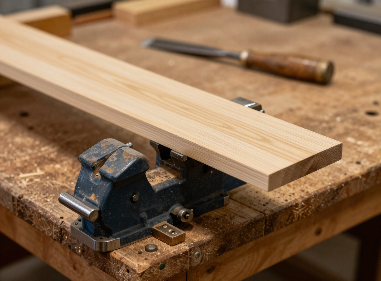 Close-up of a woodworking vise mounted on the corner of a homemade wooden workbench, holding a board steady, a chisel resting on the worktop