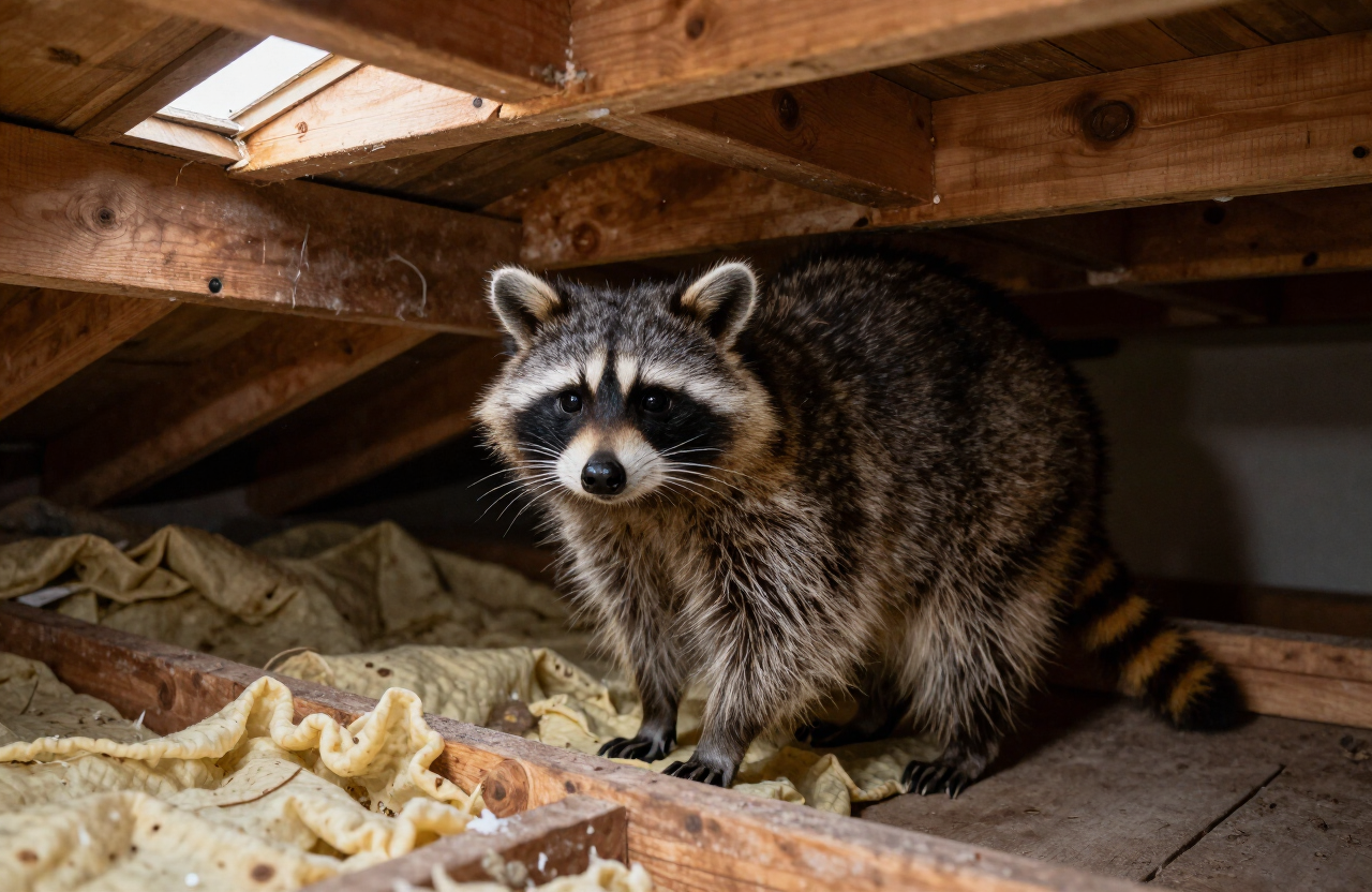 A realistic raccoon in a residential attic environment near insulation and wooden roof framing, representative of raccoon activity in Houston homes