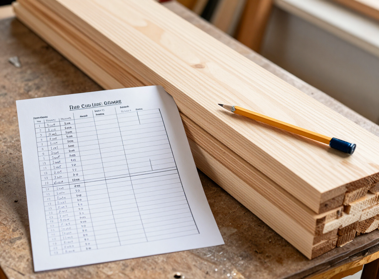 A handwritten cut list on paper beside stacked pine lumber boards on a workbench, each board labeled with dimensions, pencil and measuring tape