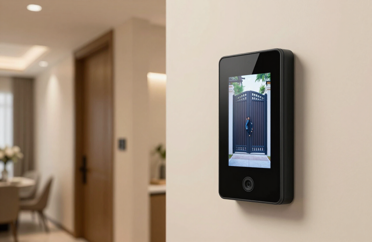 Video intercom monitor inside a Malaysian home showing a visitor at the gate