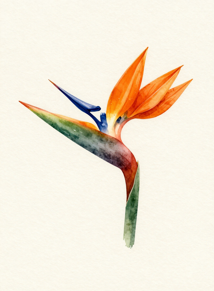 Watercolor painting of a orange Bird of Paradise