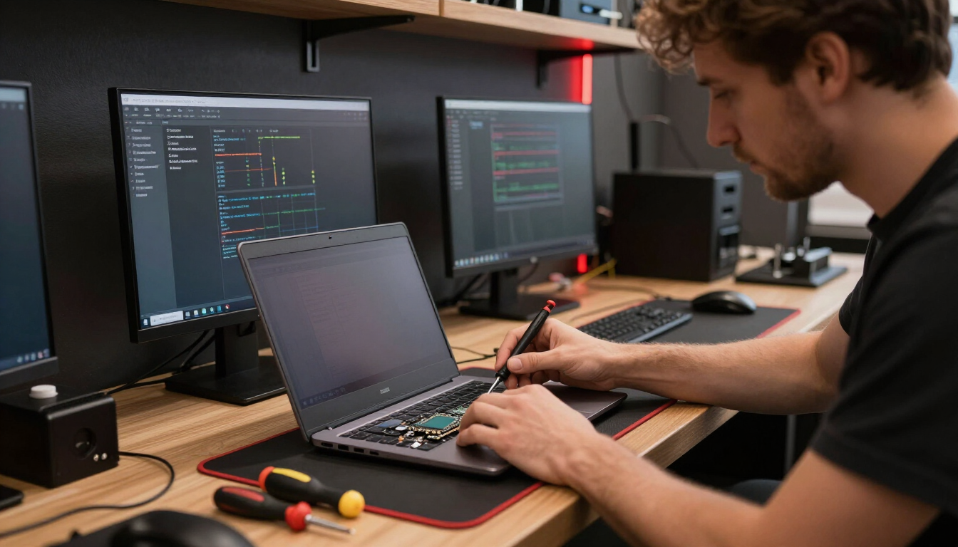 Bancada de assistência técnica com notebook aberto e instalação de SSD