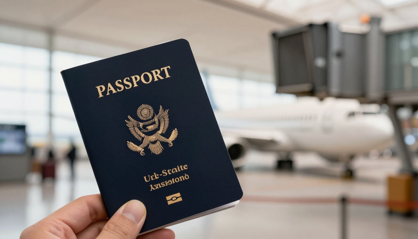 International traveler holding a United States passport at an airport departure gate with soft morning light