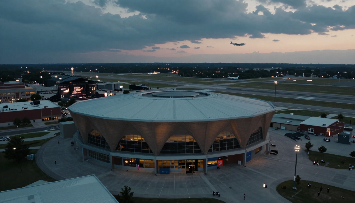 Aerial dusk view of a downtown concert arena with an airplane departing in the distance, representing travel to a tour stop