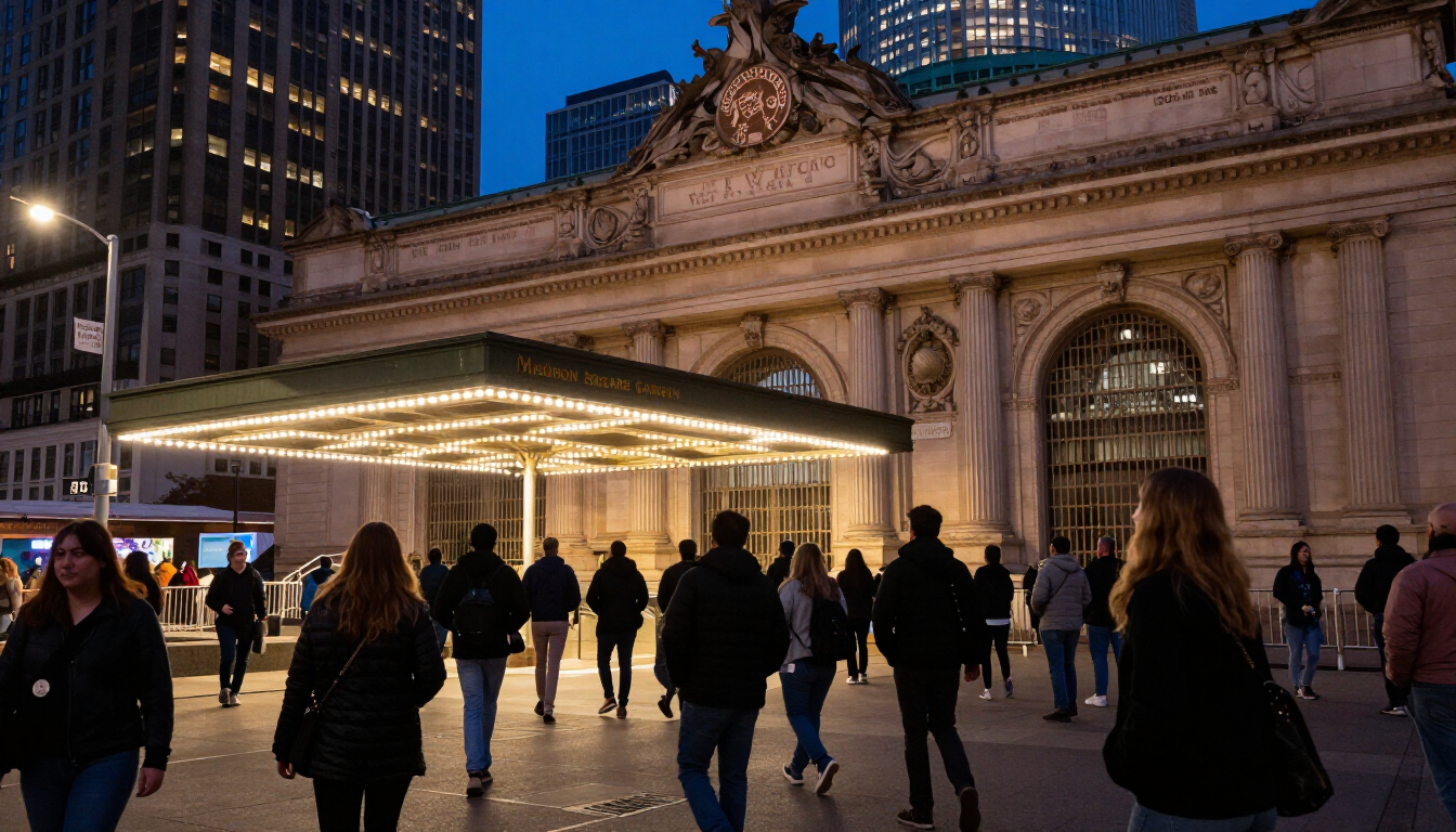 Fans arriving for a concert at Madison Square Garden above Penn Station in New York City at night.