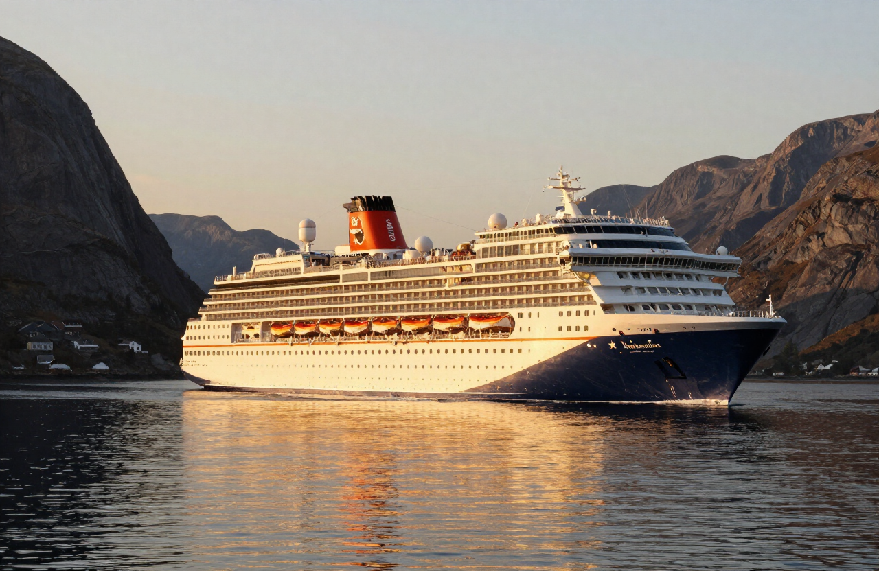 Holland America cruise ship sailing near a scenic coastline at golden hour