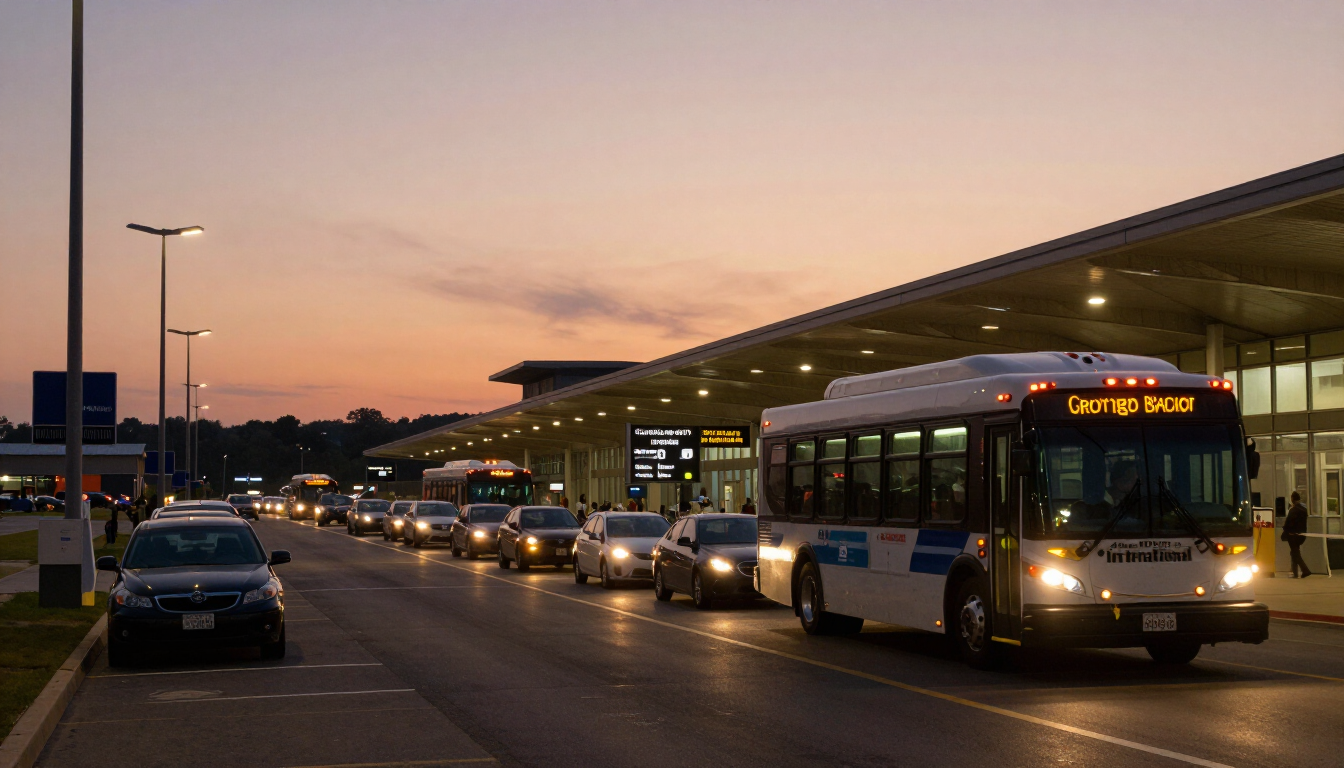 Evening traffic and shuttle buses outside Nashville International Airport heading toward concert venues