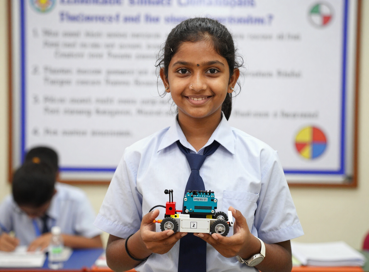 Young innovator with her Arduino robot car
