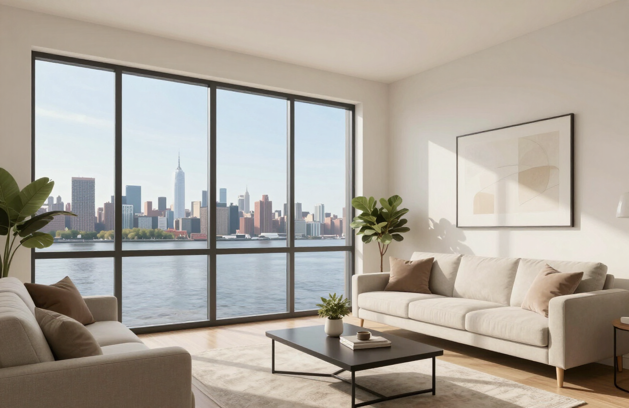 Illustrative modern Hoboken high-rise condo living room with Hudson River view and freshly painted neutral walls