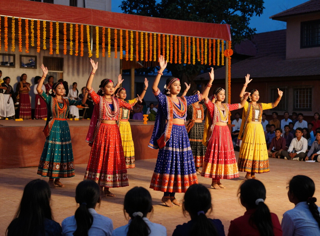 Students performing a traditional Mithila folk dance at the school cultural fest