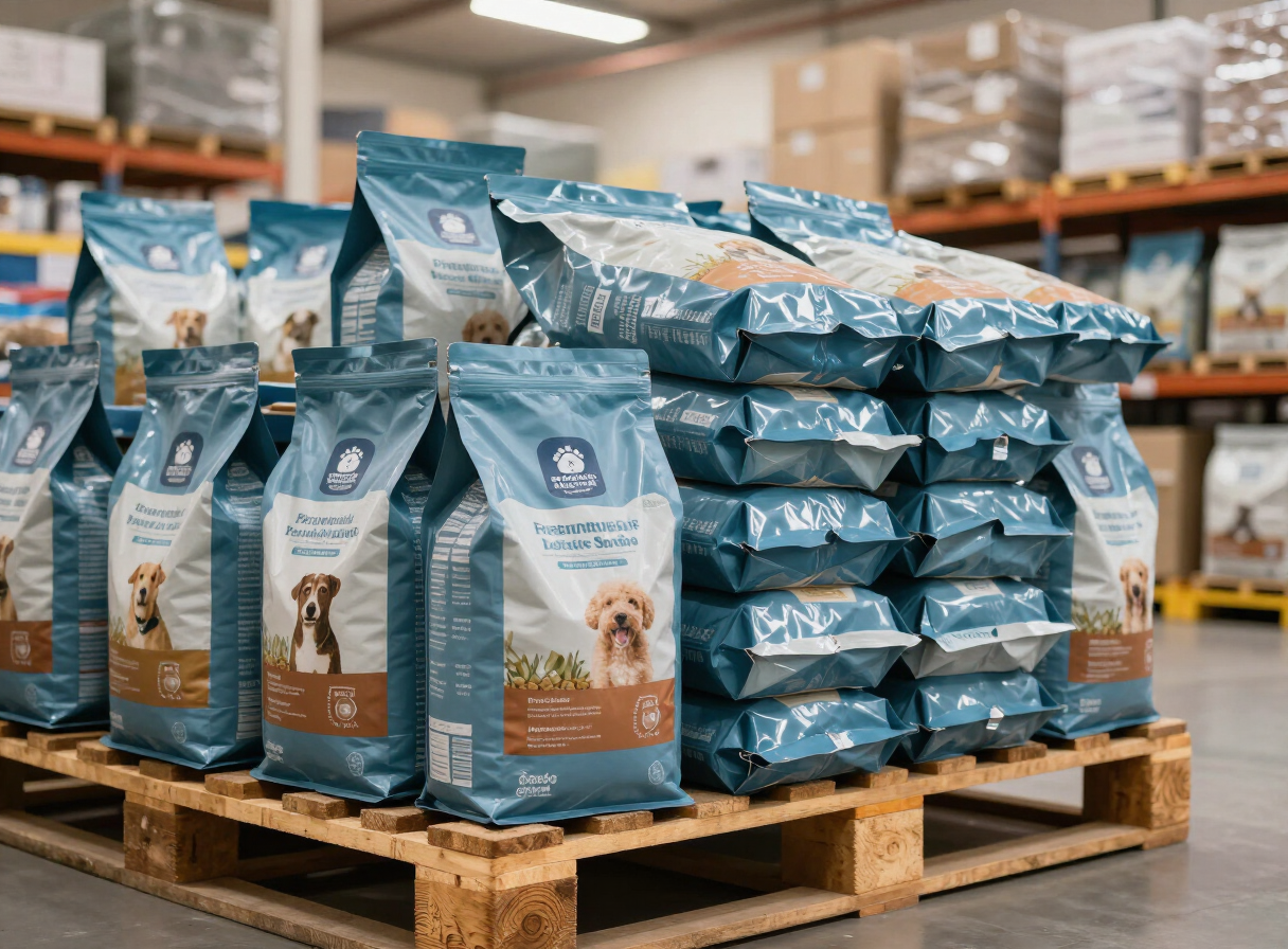 Paletes com sacos de ração em centro de distribuição da Social Pet