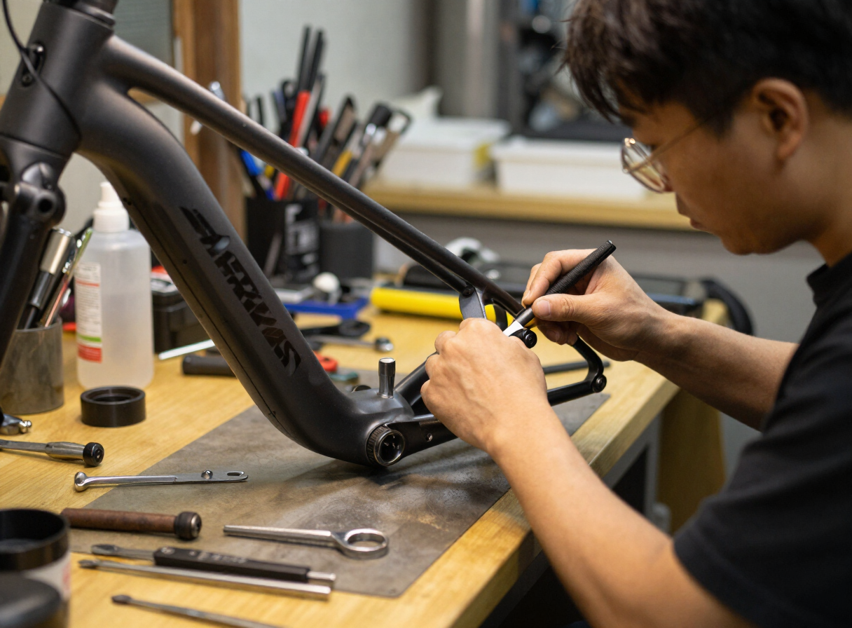 Bike repair workshop with technician working on an e-bike frame