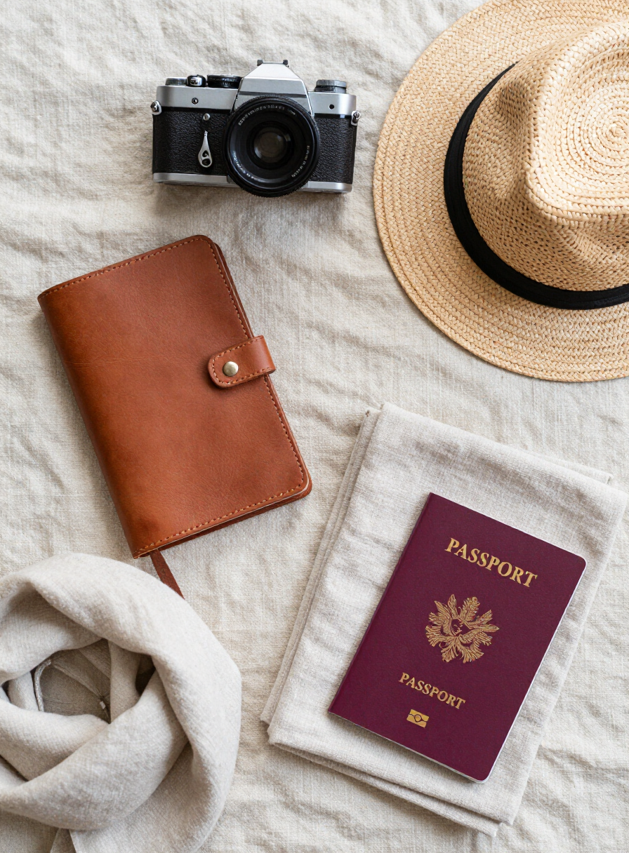 A flat lay of travel essentials on beige linen